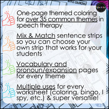 Load image into Gallery viewer, Speech Therapy Sentence Expansion Worksheets: Themed Vocabulary Coloring Pages