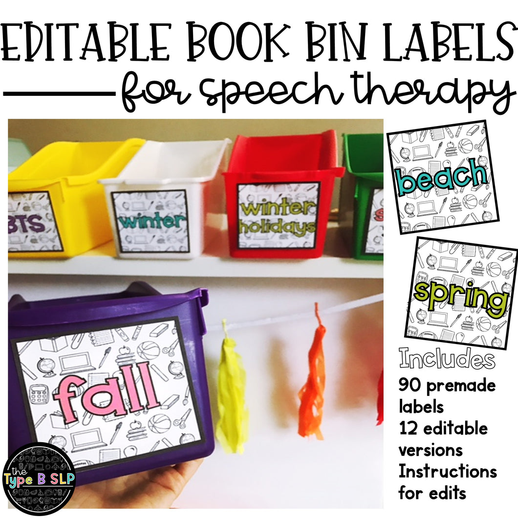 Editable Book Bin Labels for Speech Therapy: Color & BW